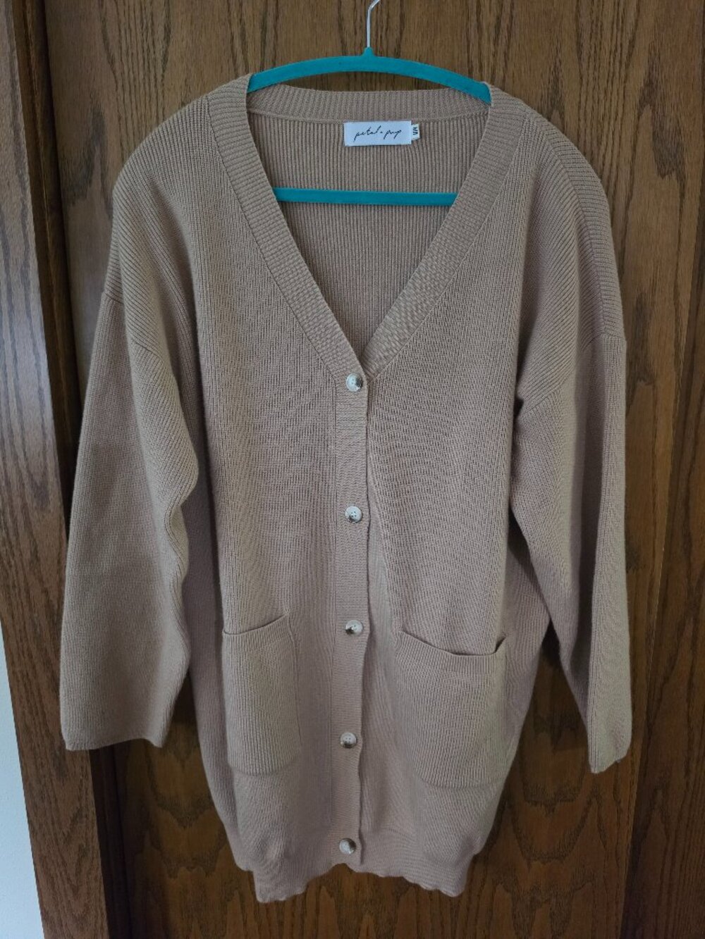 Petal & Pup Tan Beige Oversized Longline Ribbed Button Front Cardigan - M/L